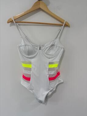 NWT Vetchy White Multicolor Flourescent One Piece Bathing Suit Size M